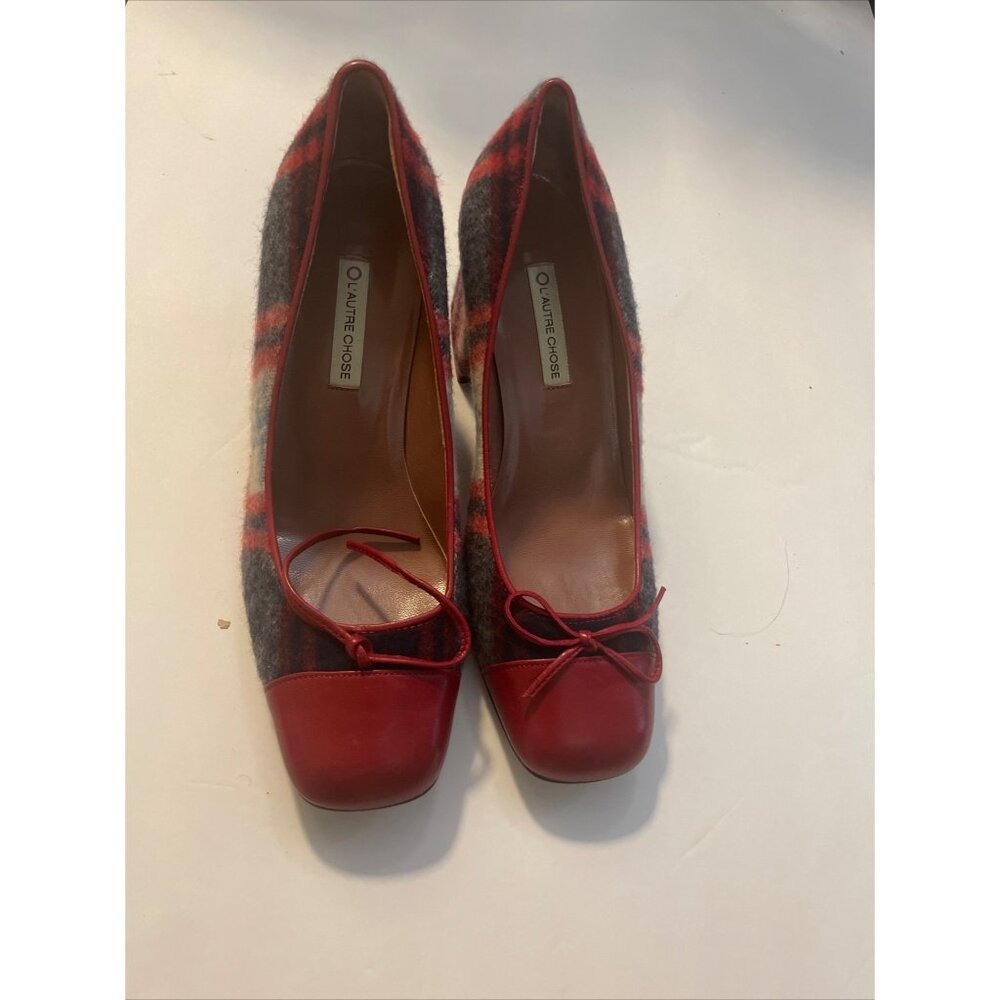 L'Autre Chose Pumps Women 38.5 Red Plaid Wool Leather Square Toe Block Heel